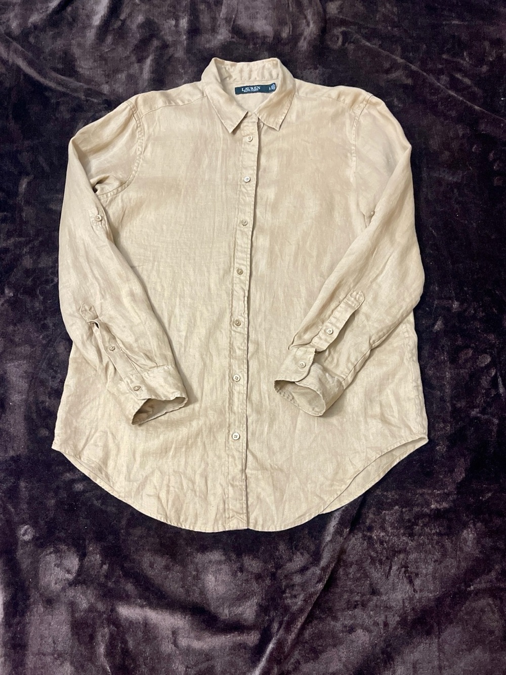 Lauren Ralph Lauren Linen Long Sleeve Button Up Top Khaki Women’s Large